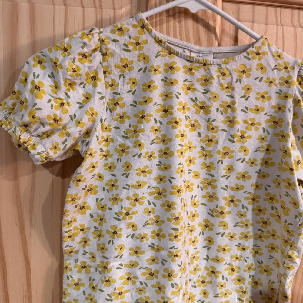 Zara Girls Yellow Floral Puff Sleeve Top White Cotton Blend Size 9 134cm